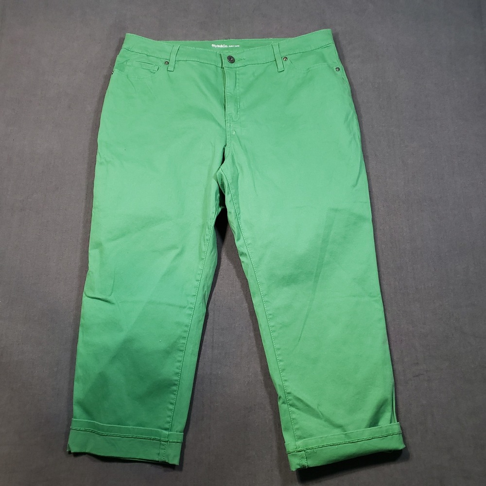 Style&Co Curvy Capri Pants Womens 18 Green Cotton Blend Cropped Cuffed Stretch
